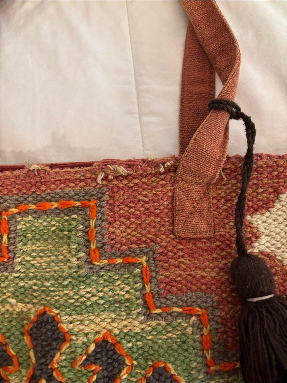 World Market Red-Brown and Green Woven Tote with Tassel 15x17 inches